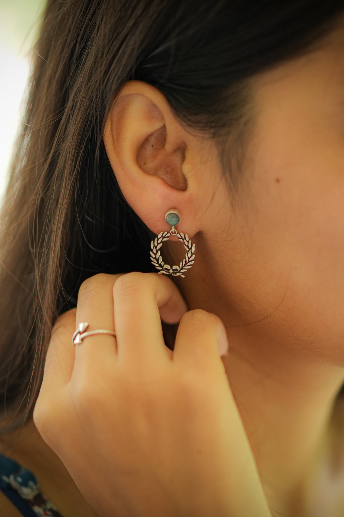 Silver Laurel Leaf Earrings with Labradorite Stone Studs