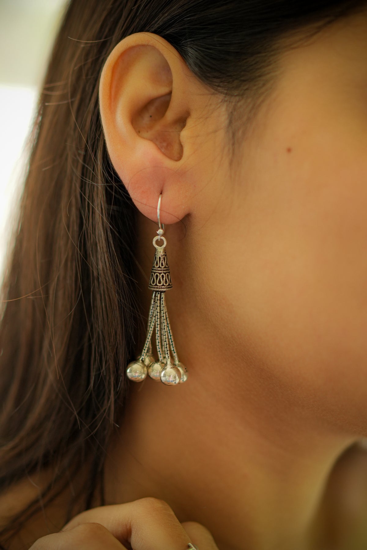 Antique Silver 6 chain & ball hook Earrings