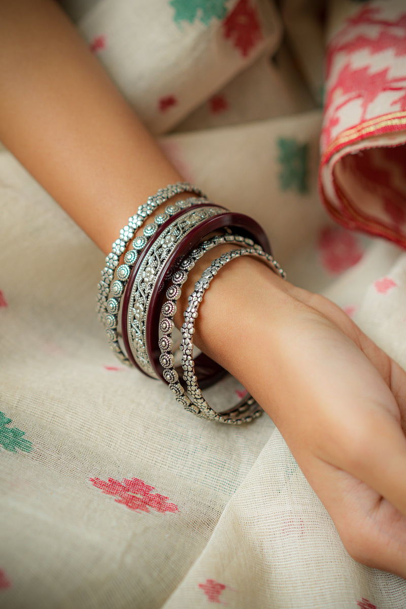 Maroon Pola Bangle with Silver Floral Inlay Design