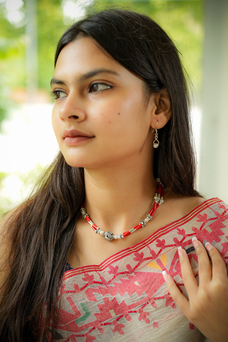 Coral and Pearl Beaded Silver Neckpiece with Handcrafted Chitai ball