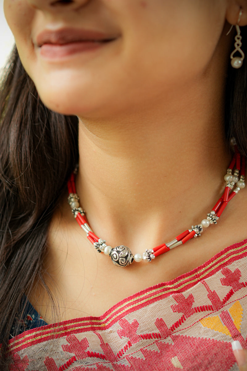 Coral and Pearl Beaded Silver Neckpiece with Handcrafted Chitai ball