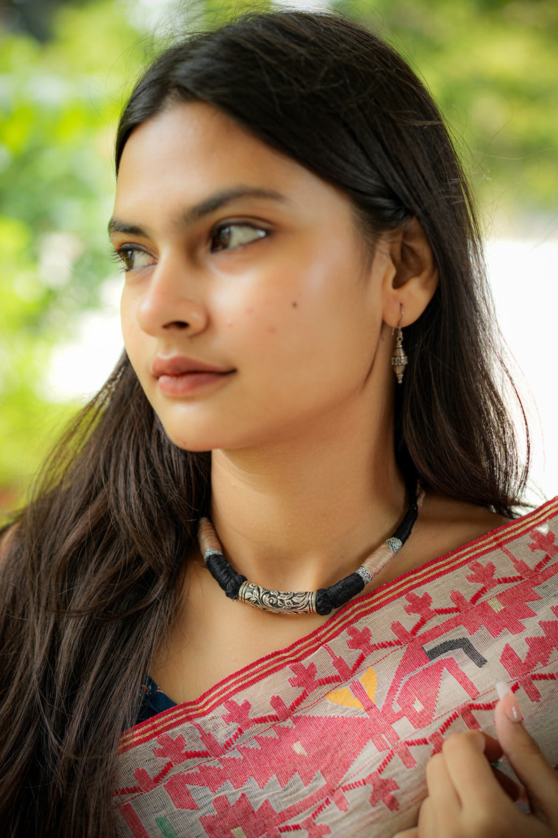 Black Thread Silver Statement Necklace