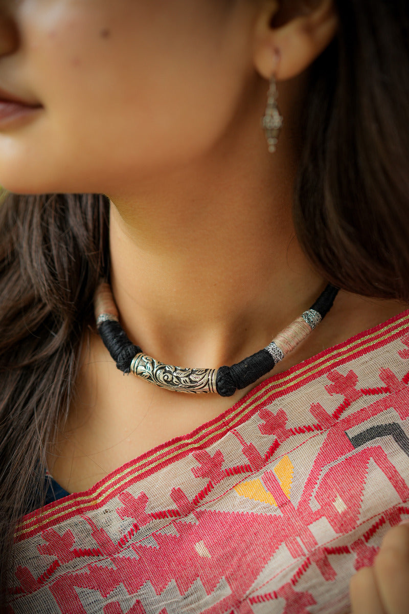 Black Thread Silver Statement Necklace