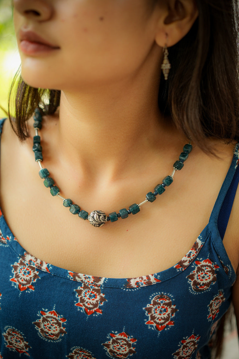 925 Silver Neckpiece with Blue Stone beads and small Chitai ball