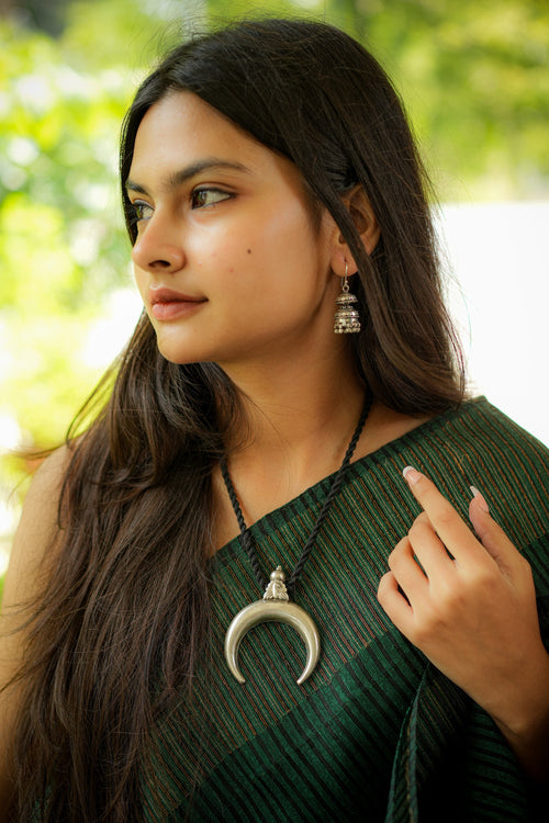 92.5 Silver Handcrafted Crescent Moon Pendant with adjustable Black Dori