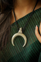 92.5 Silver Handcrafted Crescent Moon Pendant with adjustable Black Dori