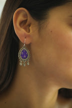 925 Silver Handpainted Purple Floral Drop Earrings