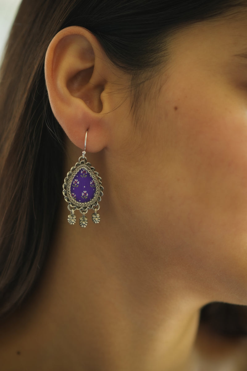 925 Silver Handpainted Purple Floral Drop Earrings