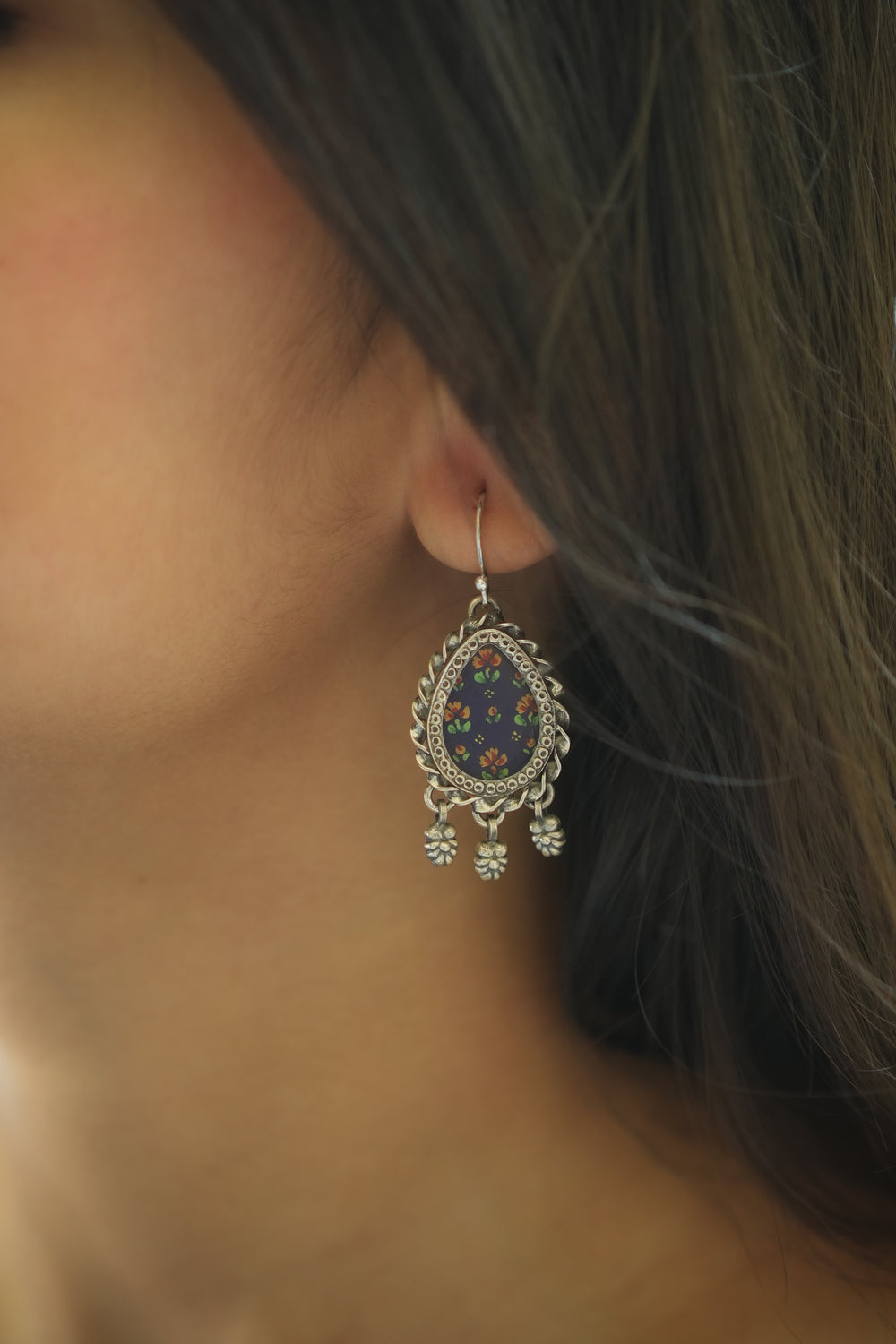 925 Silver Handpainted Floral Drop Earrings