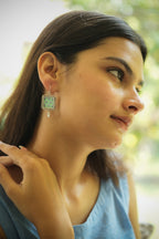 925 Silver Handpainted Green Floral Drop Earrings