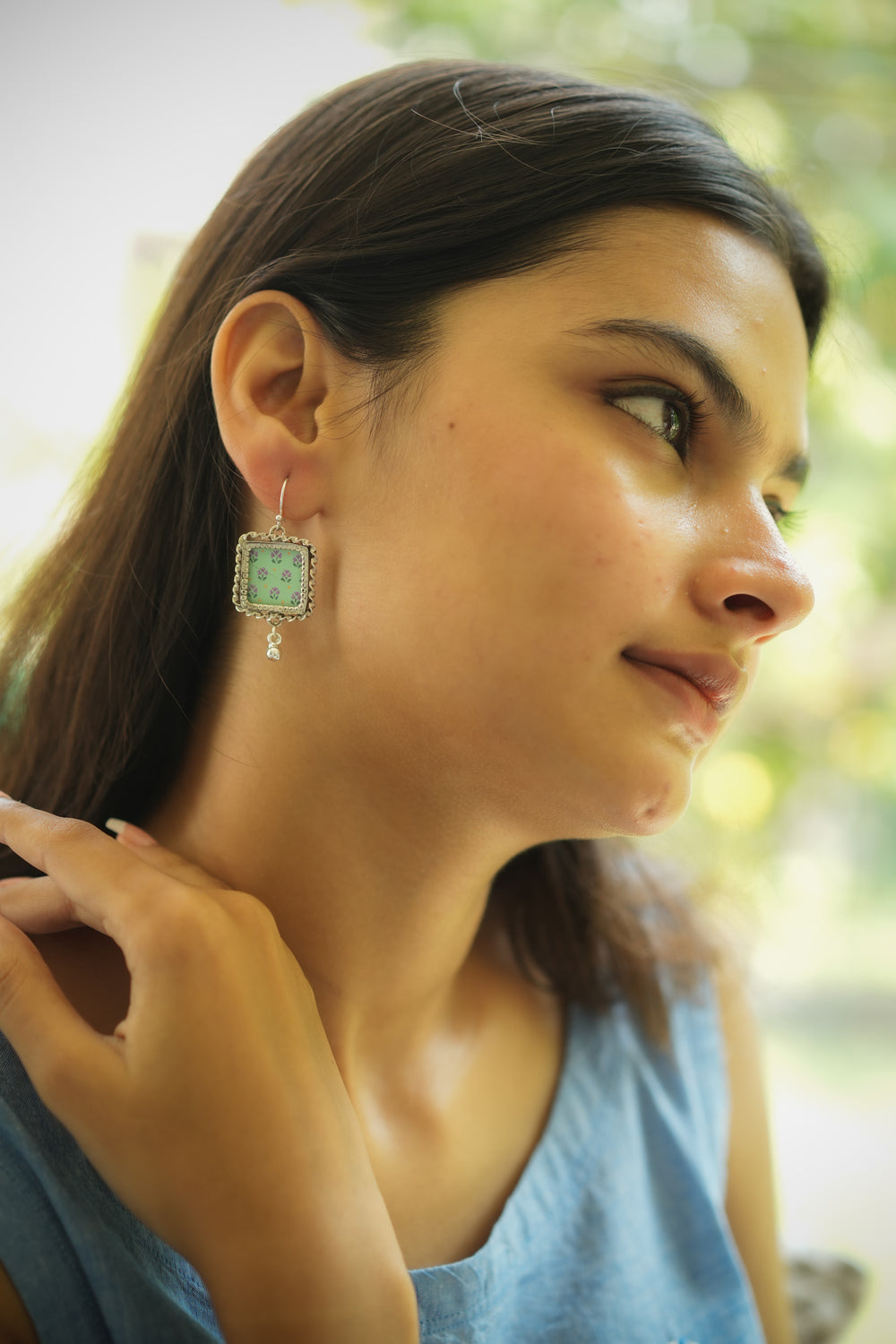925 Silver Handpainted Green Floral Drop Earrings