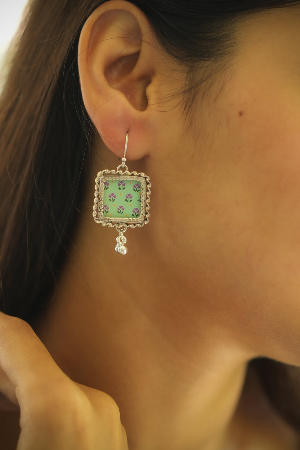 925 Silver Handpainted Green Floral Drop Earrings