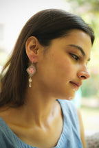 925 Silver Handpainted Pink Floral Drop Earrings