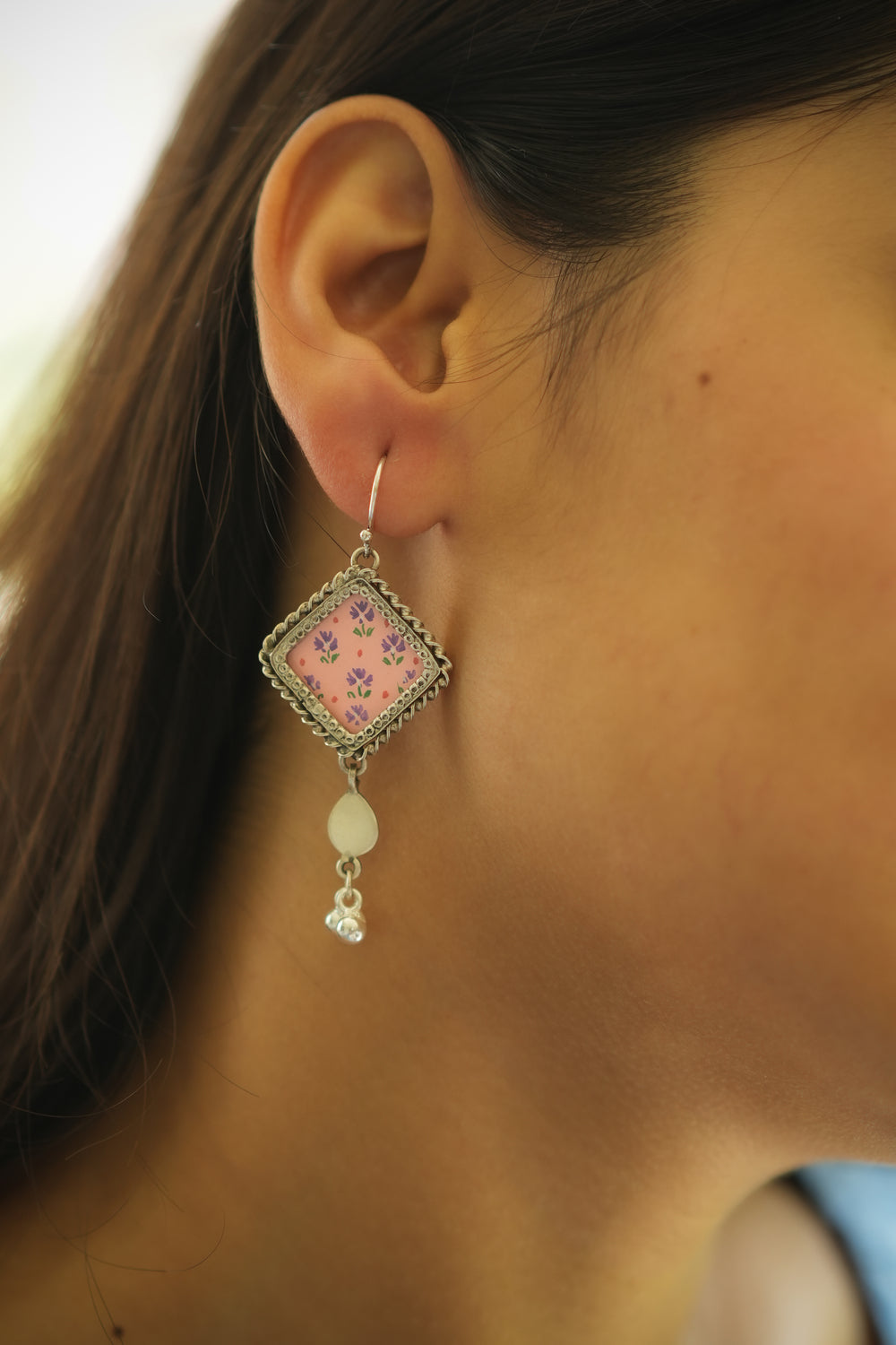 925 Silver Handpainted Pink Floral Drop Earrings