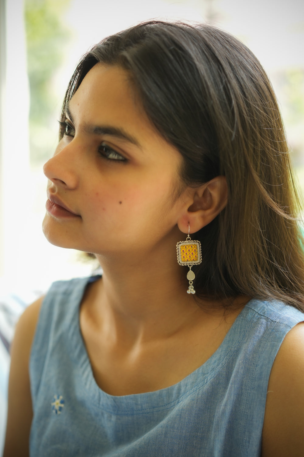 925 Silver Handpainted Mustard Floral Earrings