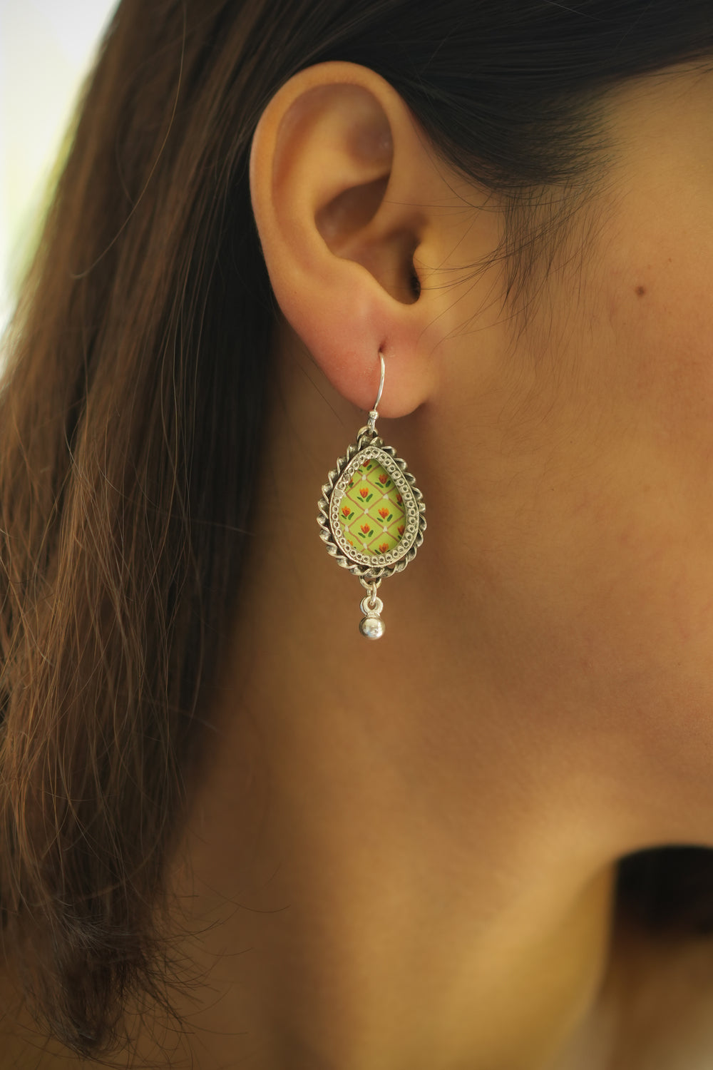 925 Silver Handpainted Green Floral Teardrop Earrings