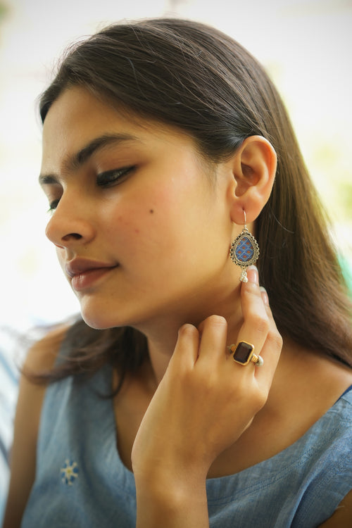 925 Silver Handpainted Blue Floral Danglers