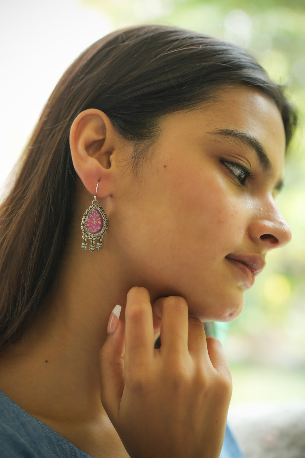 925 Silver Handpainted Purple Floral Danglers