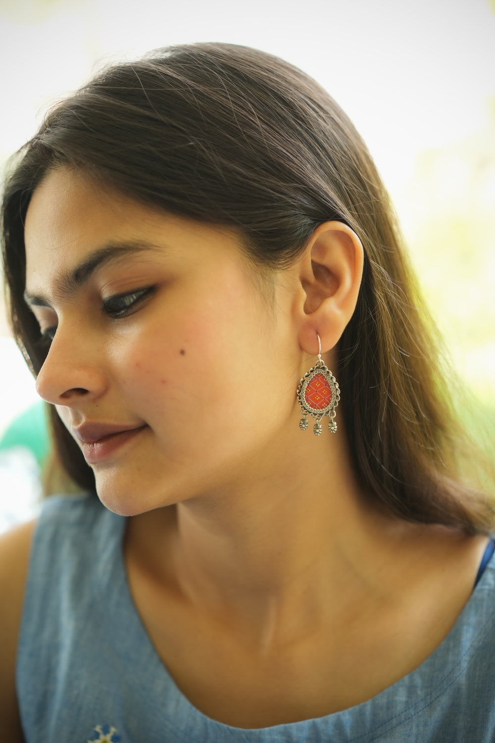 925 Silver Handpainted Coral Floral Danglers