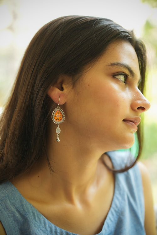 925 Silver Handpainted Orange Floral Danglers