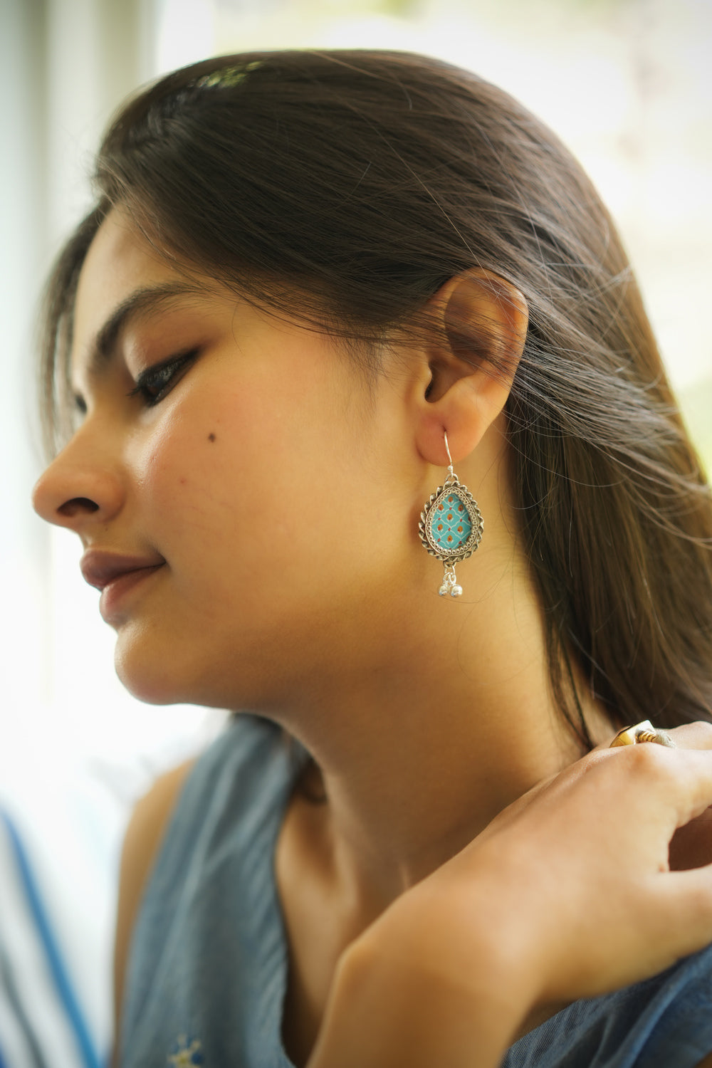 Handpainted Turquoise Floral Danglers