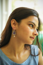 925 Silver Handpainted Purple Floral Danglers