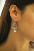 925 Silver Handpainted Purple Floral Danglers