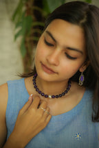 Handcrafted Purple Onyx Stone beads Neckpiece with silver ball pendant