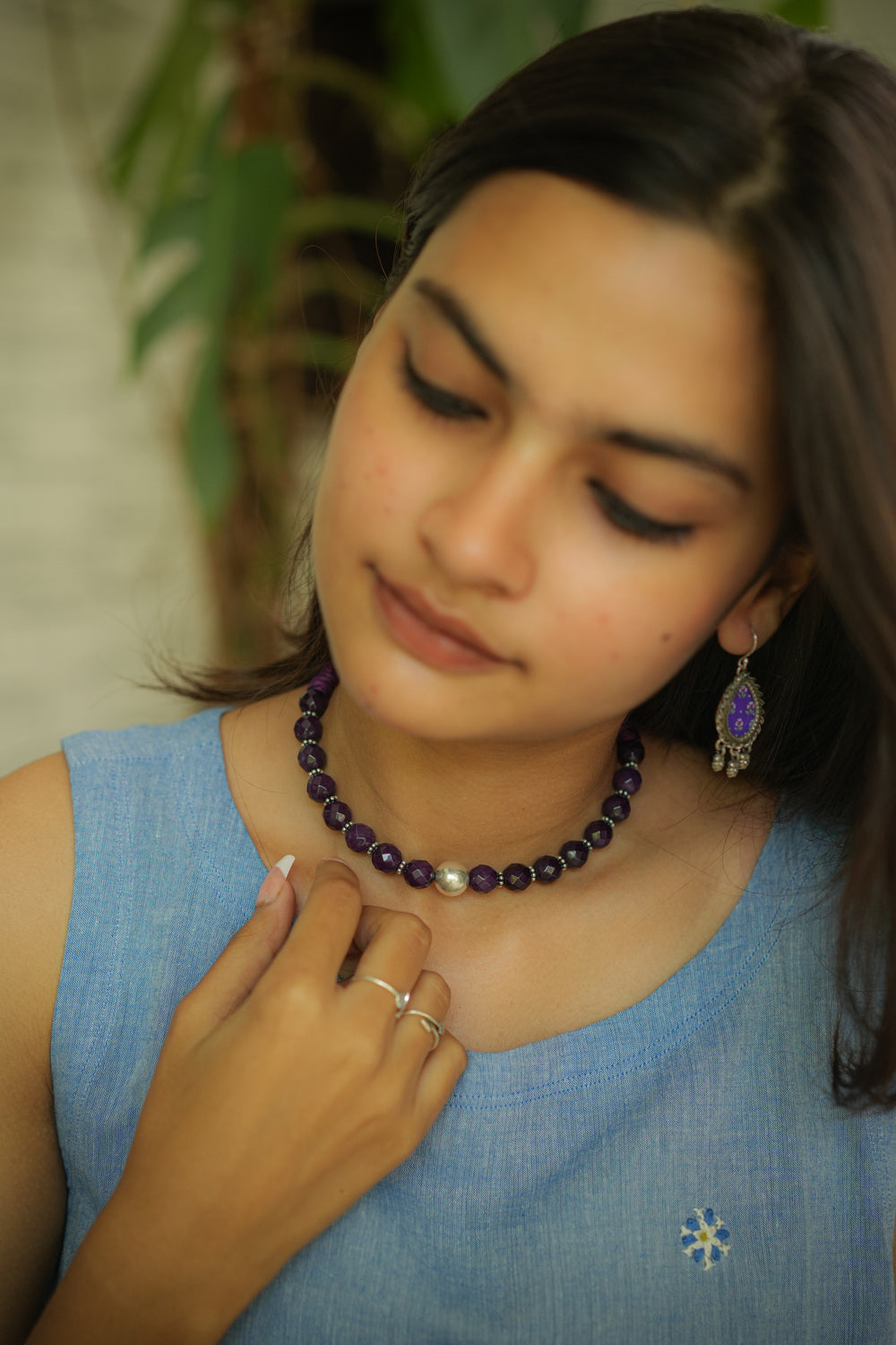 Handcrafted Purple Onyx Stone beads Neckpiece with silver ball pendant