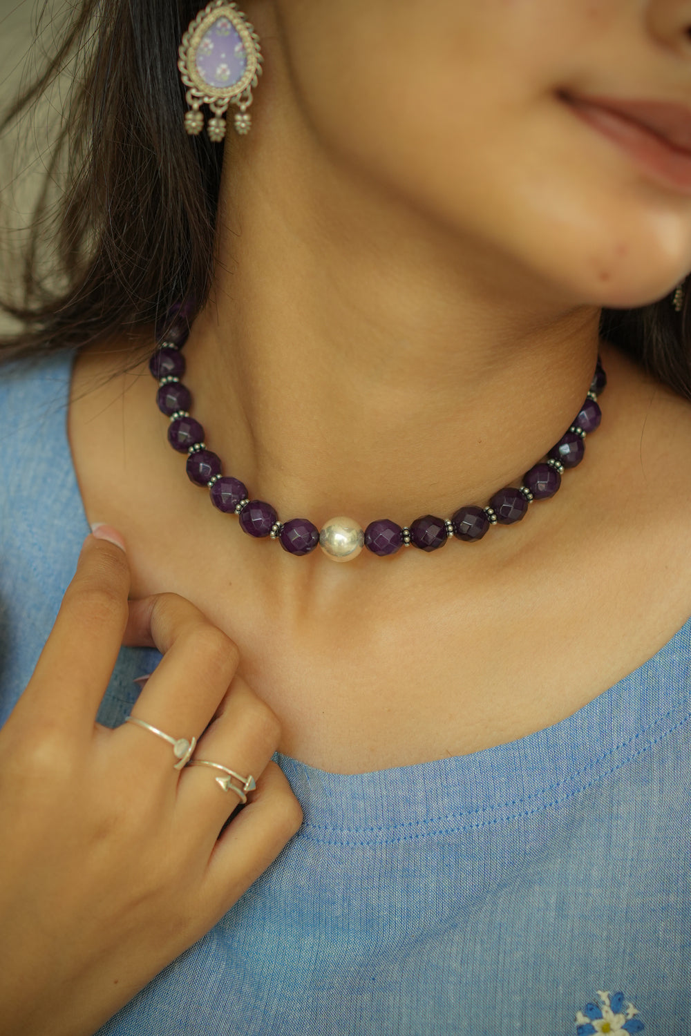 Handcrafted Purple Onyx Stone beads Neckpiece with silver ball pendant