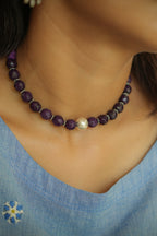 Handcrafted Purple Onyx Stone beads Neckpiece with silver ball pendant
