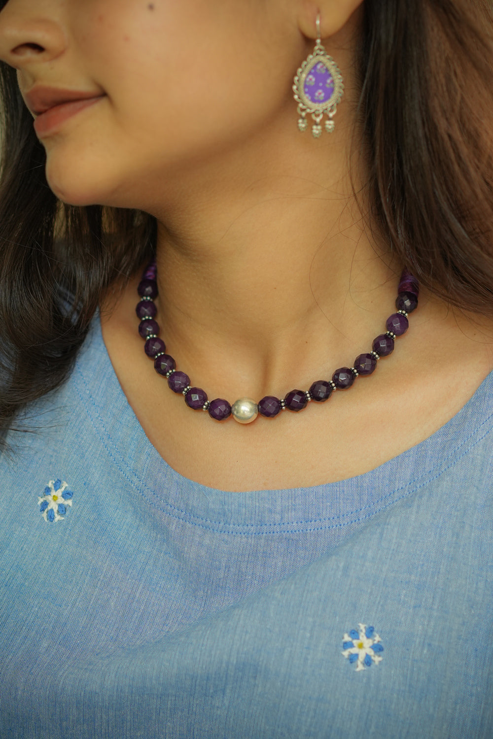 Handcrafted Purple Onyx Stone beads Neckpiece with silver ball pendant