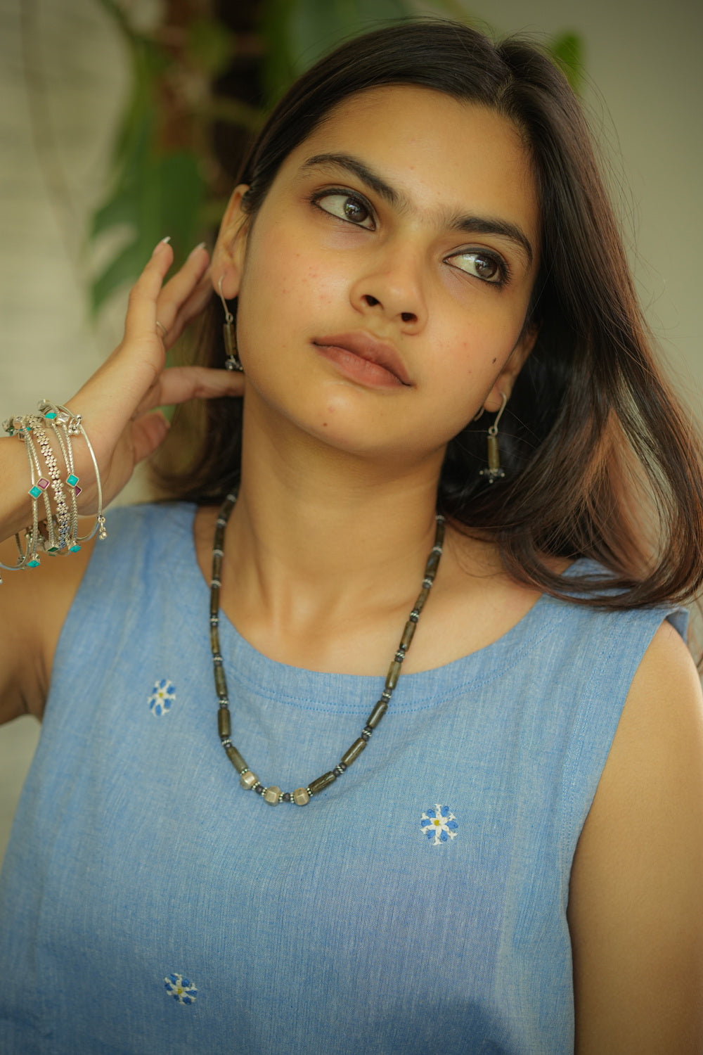 Handcrafted Green Beaded Neckpiece Set with Silver accents