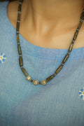 Handcrafted Green Beaded Neckpiece Set with Silver accents