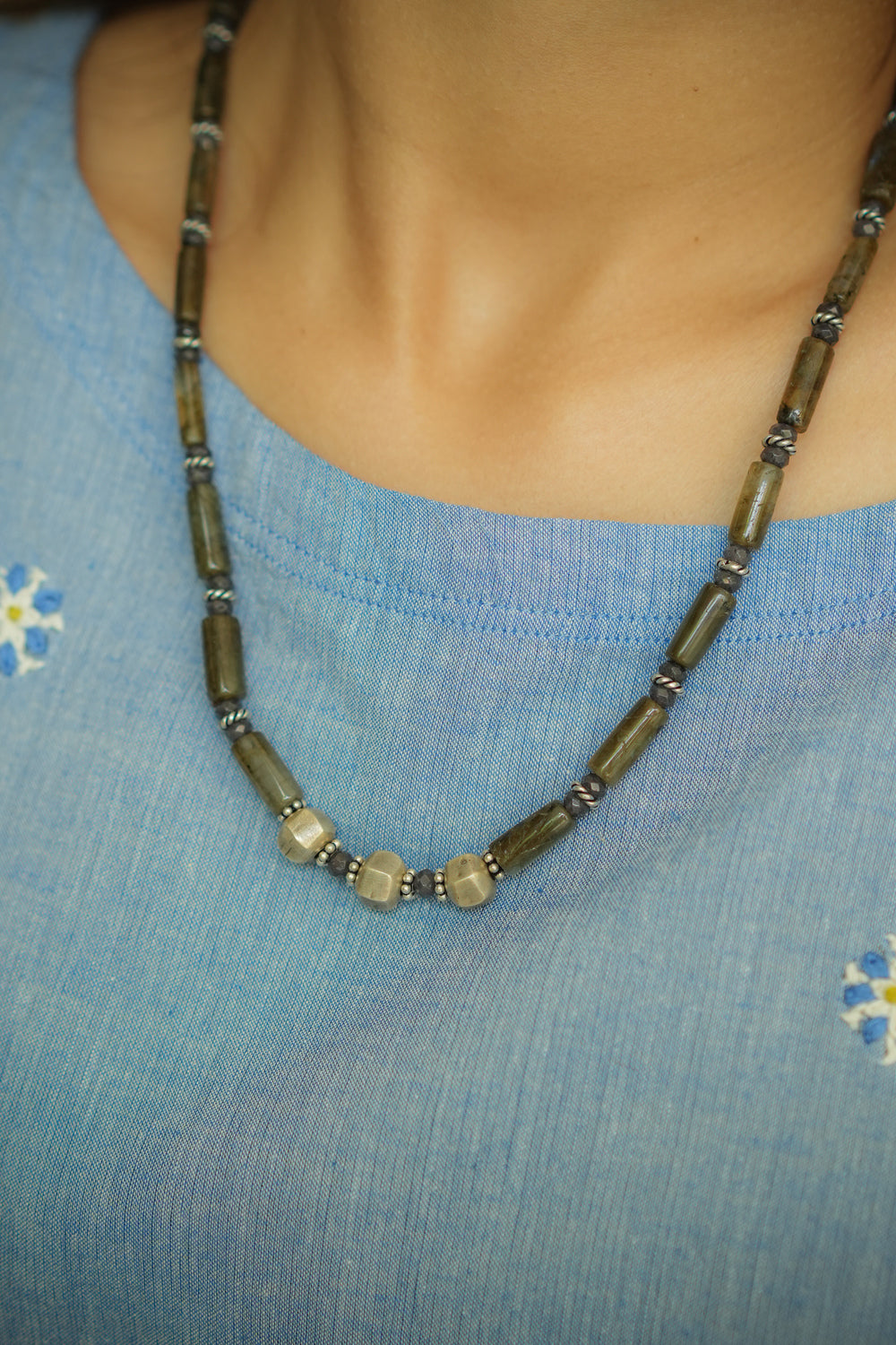 Handcrafted Green Beaded Neckpiece Set with Silver accents