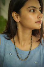 Handcrafted Green Beaded Neckpiece Set with Silver accents