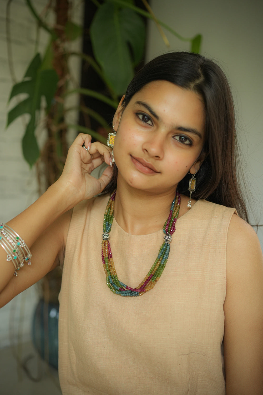 Multicolour Beaded Layered Neckpiece with small Silver Chitai balls