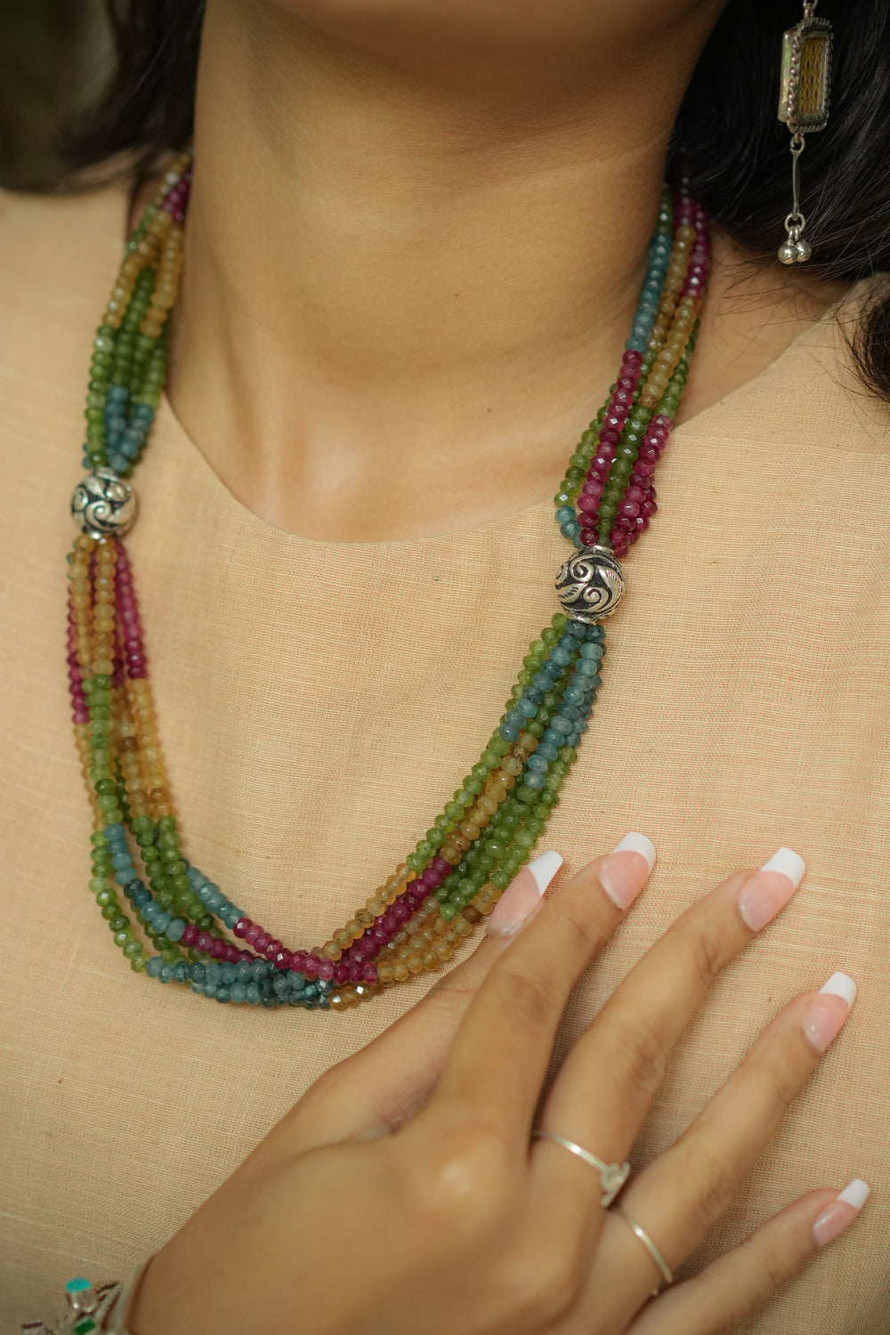 Multicolour Beaded Layered Neckpiece with small Silver Chitai balls