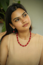 Dark Red Onyx Beads Neckpiece with Silver Accents & Matching Silver Earrings