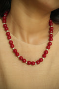 Dark Red Onyx Beads Neckpiece with Silver Accents & Matching Silver Earrings