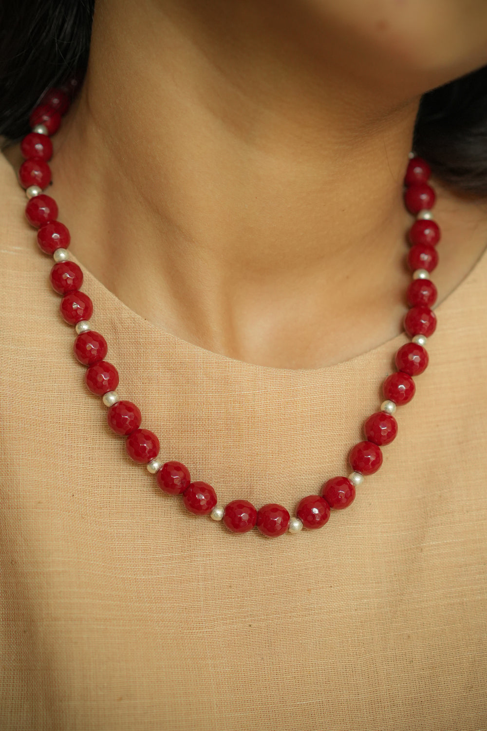 Dark Red Onyx Beads Neckpiece with Silver Accents & Matching Silver Earrings