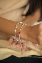 Handcrafted Sterling Silver Multicolor Stone engraved  Bangles (Set of 2)