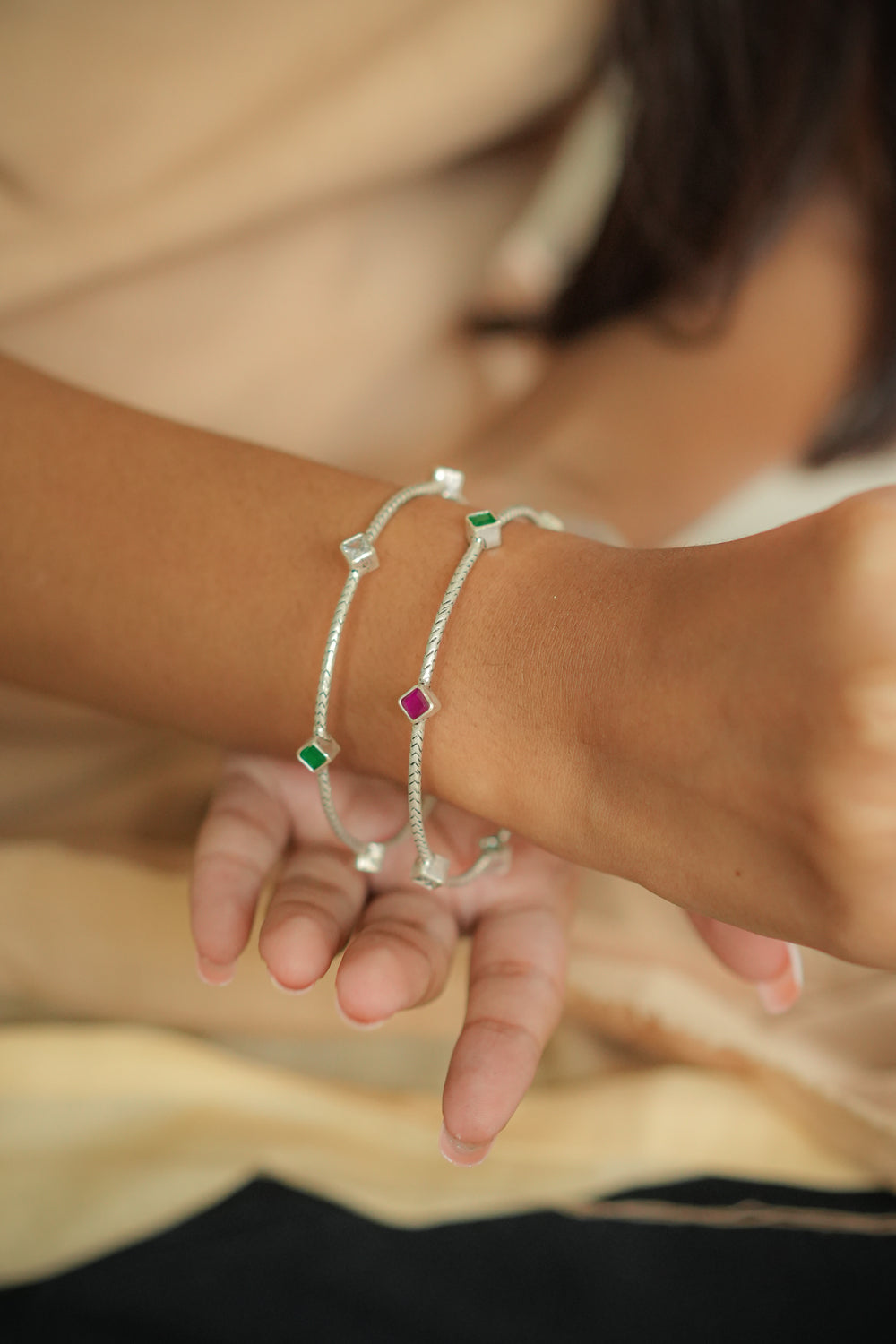 Handcrafted Sterling Silver Multicolor Stone engraved  Bangles (Set of 2)