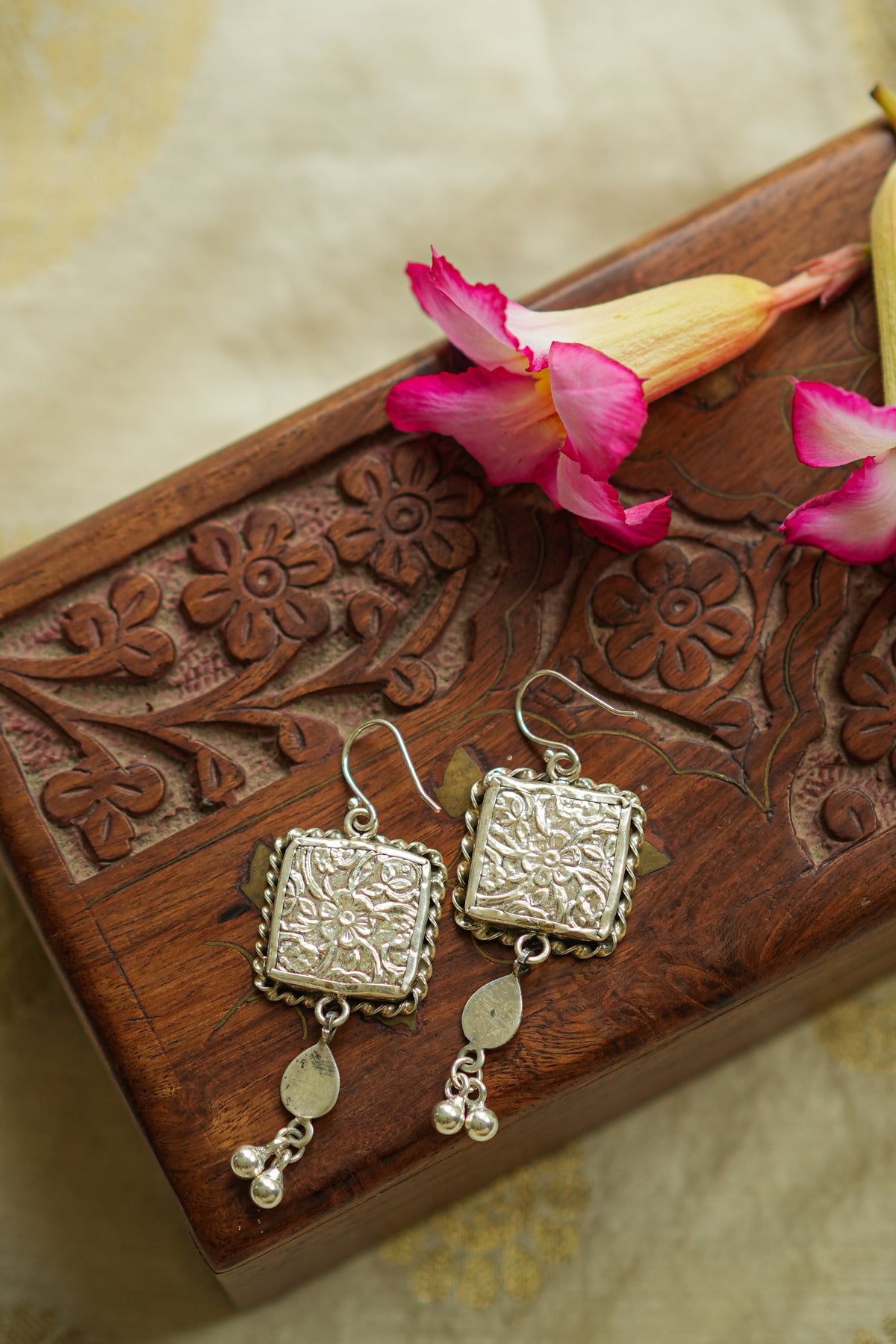 925 Silver Handpainted Mustard Floral Earrings