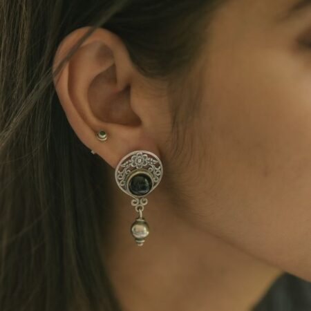 Silver Intricate Earrings with Black Onyx