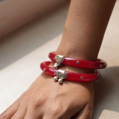 Red Pola with Silver bird motif