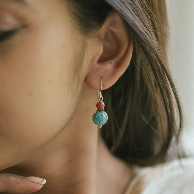 Red coral and Turquoise silver drop earrings