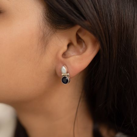 92.5 Silver Tear drop shaped Pearl and Blue stone stud earrings