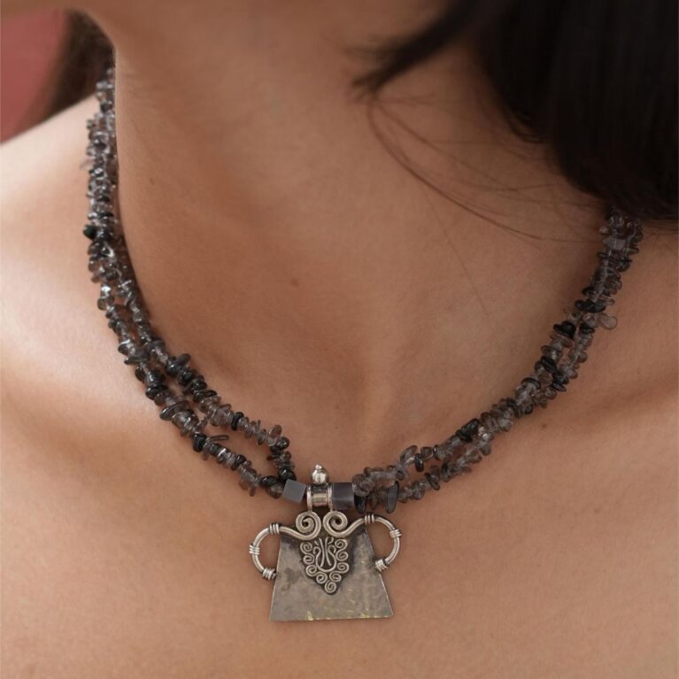 Semi Precious Stone Mala with silver pendant