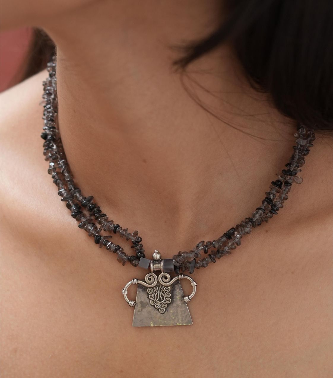Semi Precious Stone Mala with silver pendant